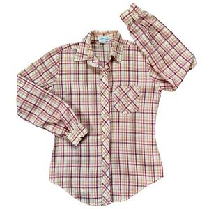 Vintage Country And Casual Red and Orange Cream Plaid Button Up Western Shirt